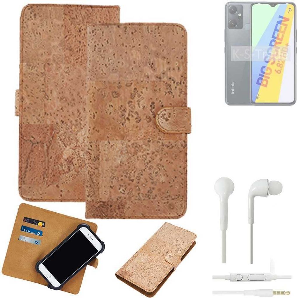 K-S-Trade Hülle kompatibel mit Infinix Smart 6 Plus X6823C + in ear Kopfhörer Kork Handyhülle Cover Schutzhülle TPU Case Bumper in Hellbraun,