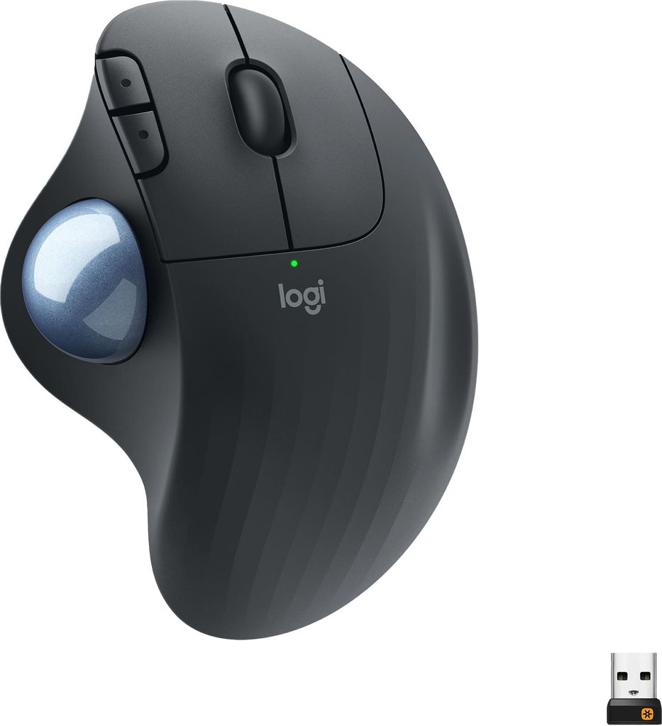 A dark gray Logitech ERGO M575 trackball mouse with a blue trackball, shown on a white background. A small USB receiver is visible in the bottom right corner.