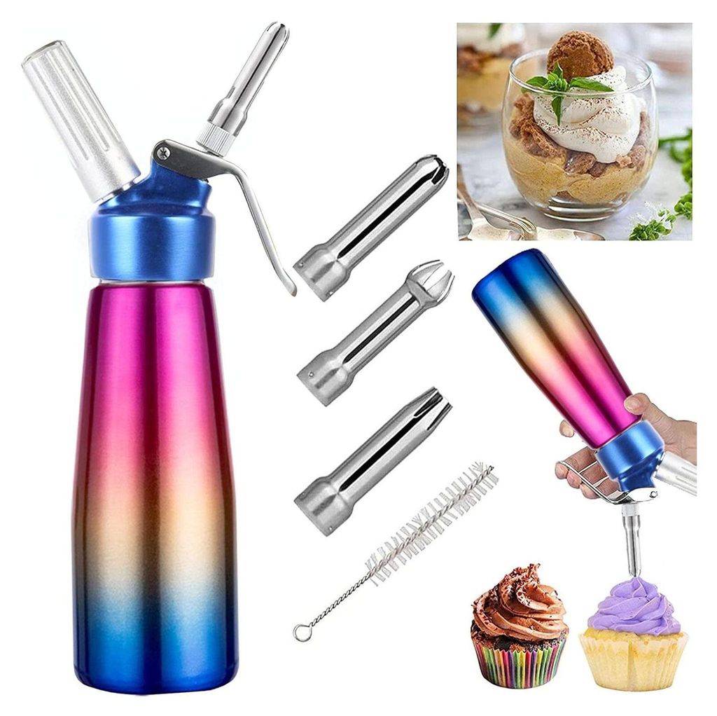 500ml Sahnespender Edelstahl Schlagsahnebereiter, Profi Sahnesyphon Whipped Cream mit Aluminium Körper + 3 Edelstahl Düsen und 1 Reinigungbürste...