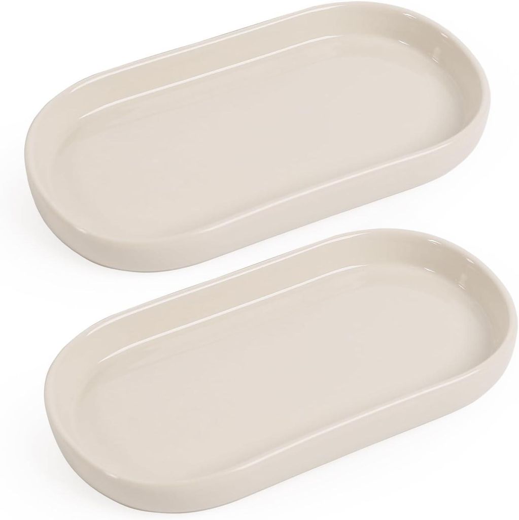 2 ovale Plateaus aus Keramik – Cremeweiß – Lavabo/Baignoire/Evier – Kosmetik – Elégance Douce