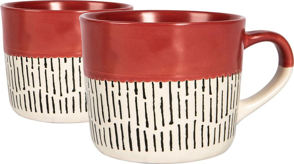 2x Rot 475ml Getaucht Bindestrich Steingut Kaffeebecher - Groß Rustikal Farbig Keramik Porzellan Tee Heiße Schokolade Tassen-Set mit Griff - von ...
