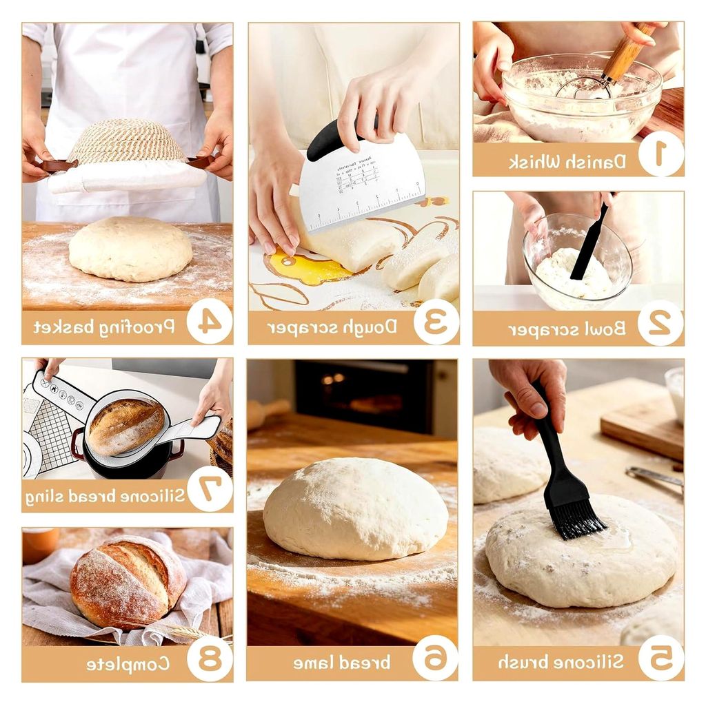 21-teiliges Gärkörbchen Starterset, Sauerteig Starter Set mit runden und ovalen Gärkörbchen aus Baumwollseil, Sauerteig Starterglas und Backzub...