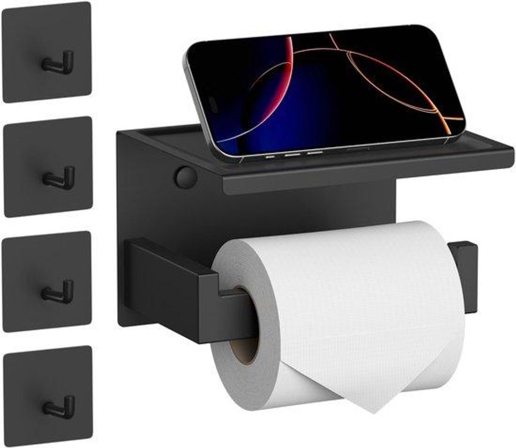 Toiletrolhalter ohne Bohren mit 4 Selbstklebenden Haken, Edelstahl-Toiletrolhalter mit Platte, Wandmontage-Toiletrolhalter mit Kleber für Badezimm...