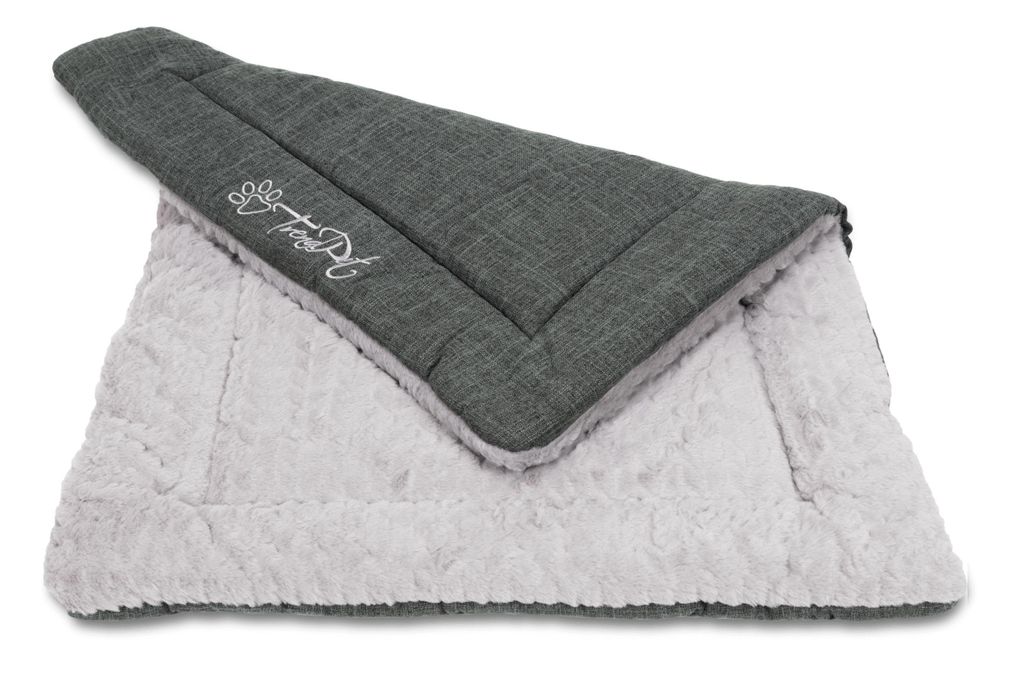 A folded pet blanket with a dark gray quilted top and a light gray fluffy underside.