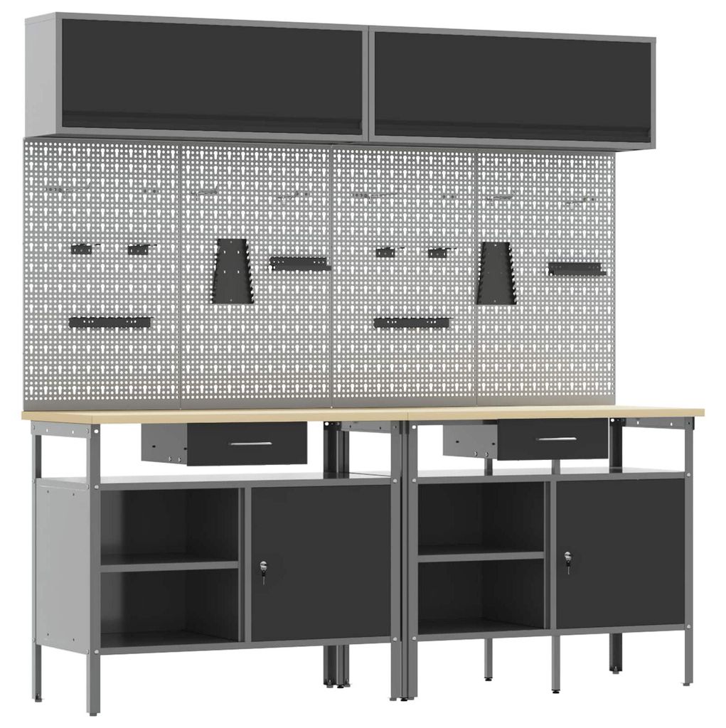 vidaXL Werkbank-Set 8 pcs Schwarz und Grau Pulverbeschichteter Stahl