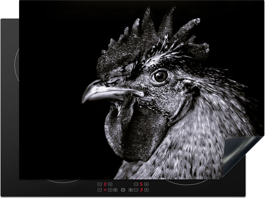 KitchenYeah Herdabdeckplatte Hahn - Vogel - Schwarz - Weiß , 70x52cm, Küche Deko, Glaskeramikfeld Herdabdeckung, Abdeckplatte fùr Kochfeld
