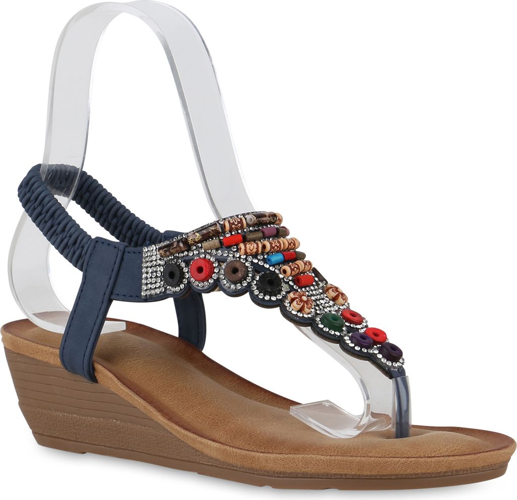 VAN HILL Damen Keilsandaletten Sandaletten Strass Zierperlen Sommer Schuhe 841293, Farbe: Dunkelblau, Größe: 38