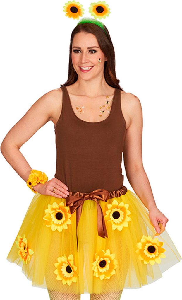 A woman is modeling a sunflower costume.