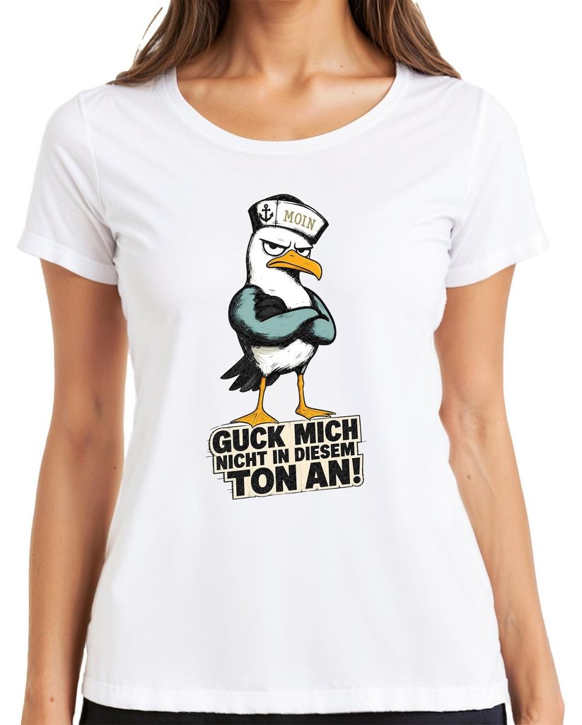 Guck mich nicht in diesem Ton an Möwe Moin Statement Sarkasmus Damen T-Shirt, Weiß, 3XL