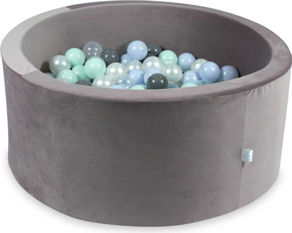 Bällebad 90x40 Samt lila – Mit 300 Bällen / Hellmint, Babyblau Perlmutt, Grau, Transparent, Perlmutt