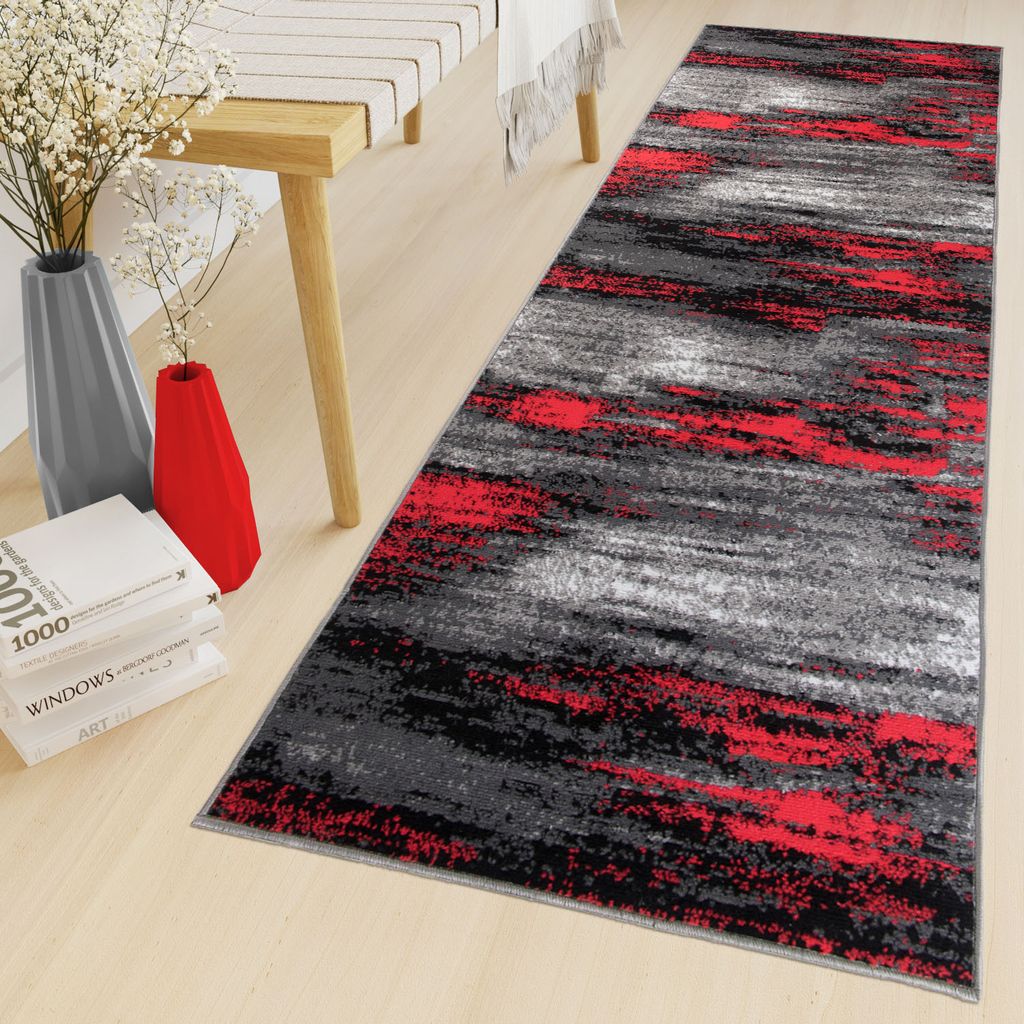 Läufer Teppich Meterware Flur Brücke Wohnzimmer Schlafzimmer Kurzflor Modern Design Meliert Grau Rot Schwarz 100 x 110