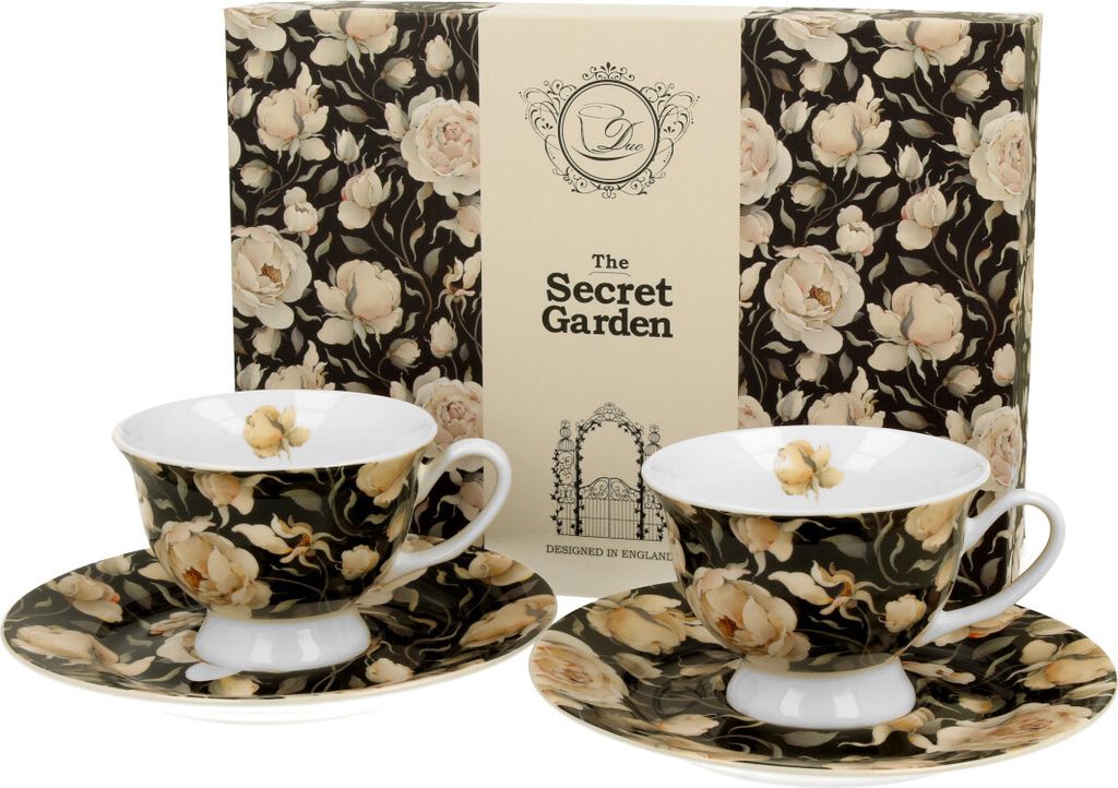 DUO FLORAL 2er-Set Espressotassen 100 ml ENGLISH ROSES BLACK mit Untertassen, New Bone China Porzellan