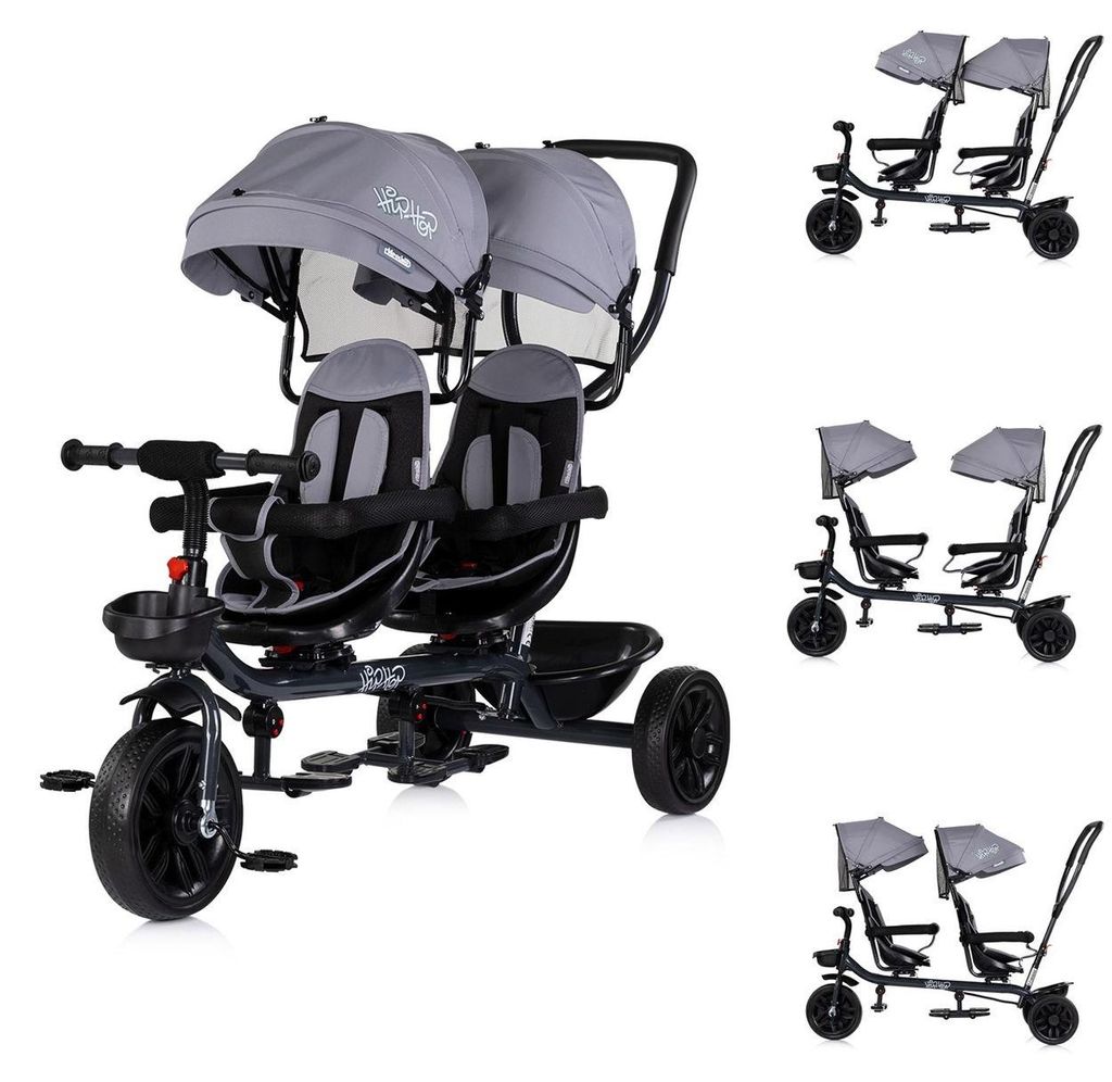 Babyshoppen Geschwisterdreirad Hip Hop, Schiebegriff, Sitze 360° drehbar, Gurte grau schwarz