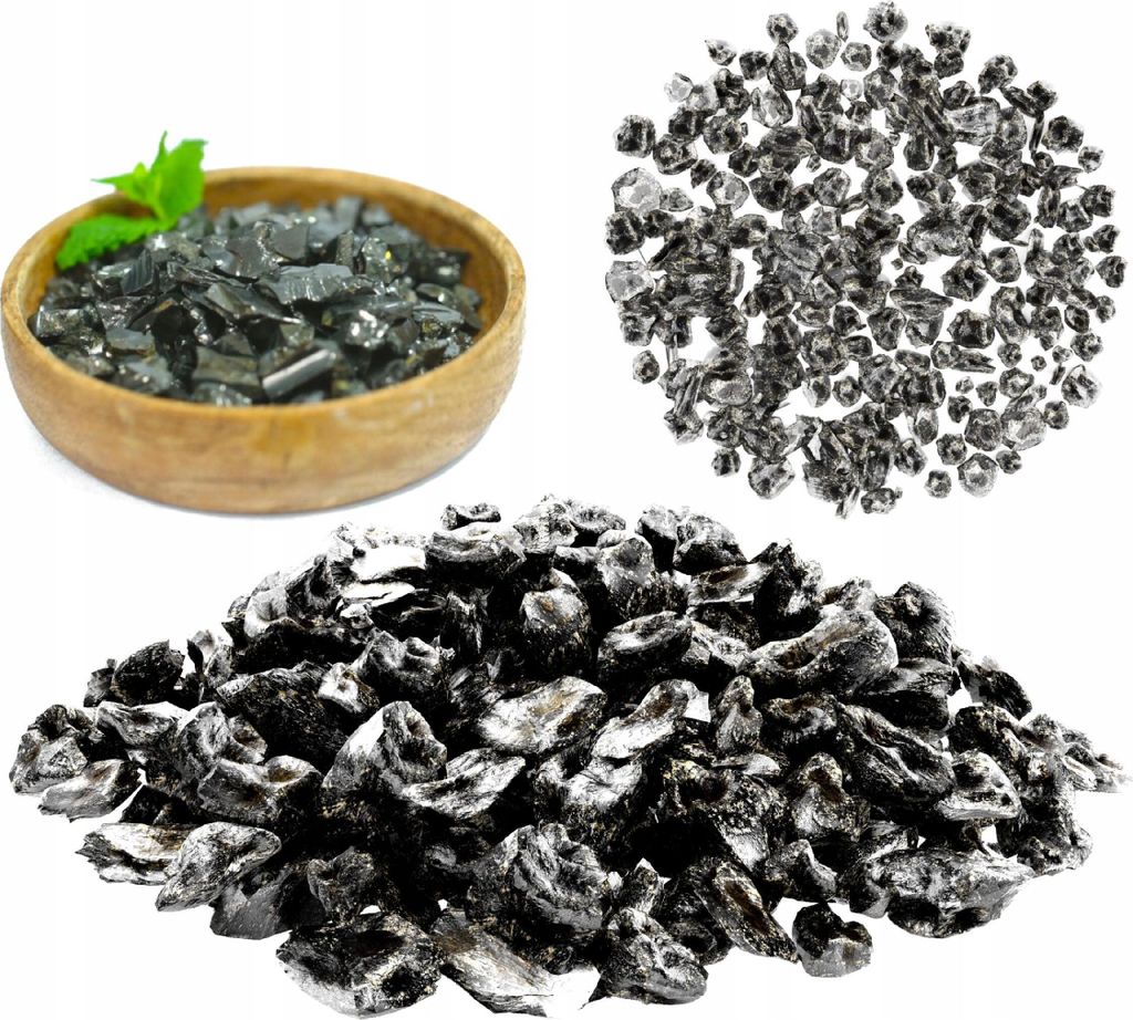 A collage of shungite stones in different forms and quantities, including a wooden bowl, a pile of small crystals, and a larger pile of processed stones.