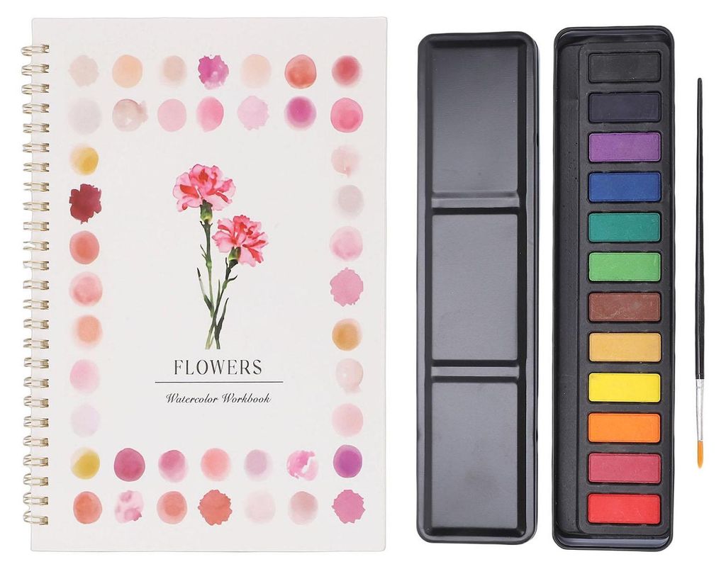 Aquarell-Arbeitsbuch für Anfänger, 12 Farben, Aquarellfarben-Set mit Pinsel für Kinder, Blumen