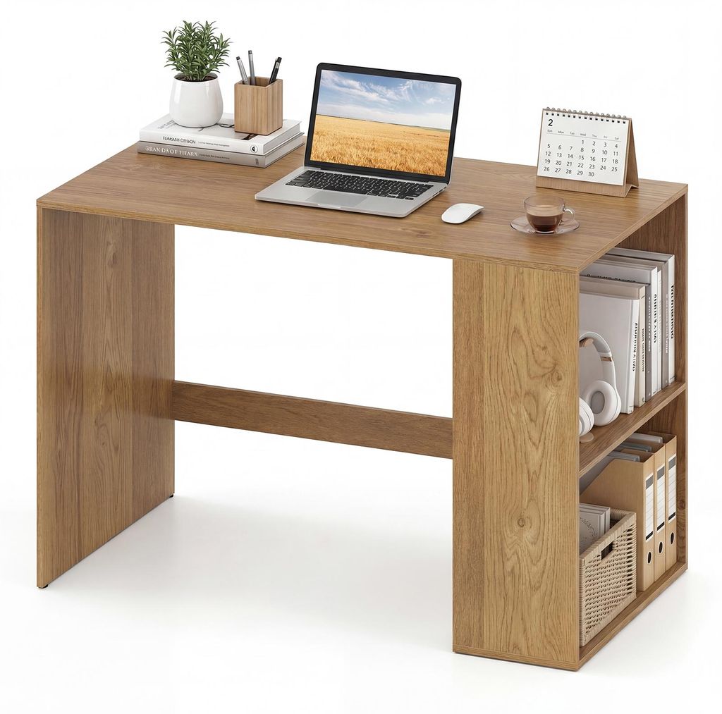 COSTWAY Schreibtisch mit Stauraum, Computertisch mit 2 offenen Seitenregalen, Bürotisch mit große Arbeitsfläche, platzsparender PC-Tisch, 112x60...