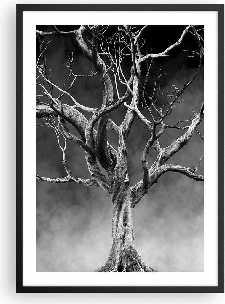 Gerahmtes Poster - Schwarzer Rahmen - Schwarzweiß Äste Rauch - 50x70 cm - Wand Bild - Wanddeko - Wandbilder - Kunstposter - Wandposter - Bilderra...