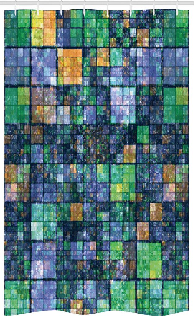 ABAKUHAUS Modern Schmaler Duschvorhang, Mosaik Geometrisches Design, Badezimmer Deko Set aus Stoff mit Haken, 120 x 180 cm, Gelb Grün und Blau