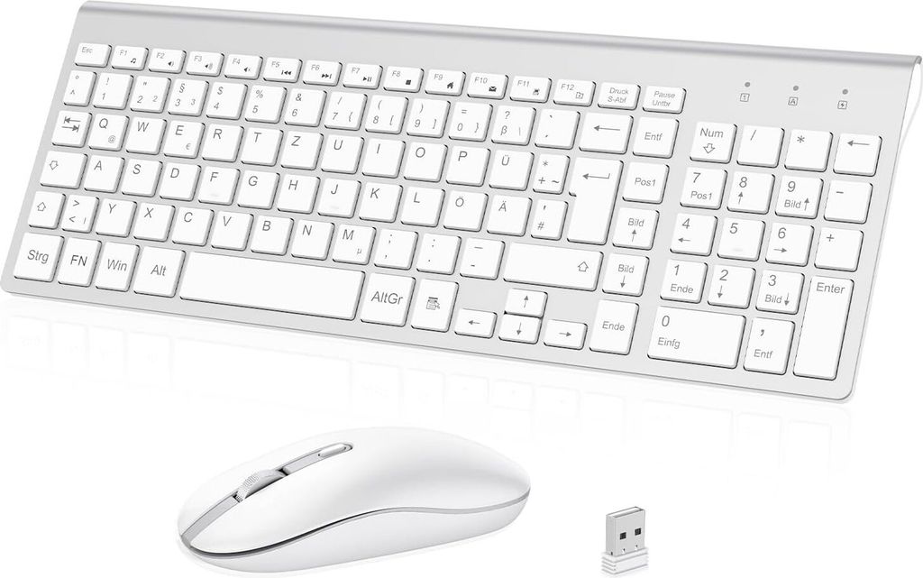 Wireless Keyboard Mouse Set, 2.4G Ultraslim Full Size Wireless Keyboard with Wireless Mouse, QWERTZ German Layout, 10 m Range, for PC, Desktop