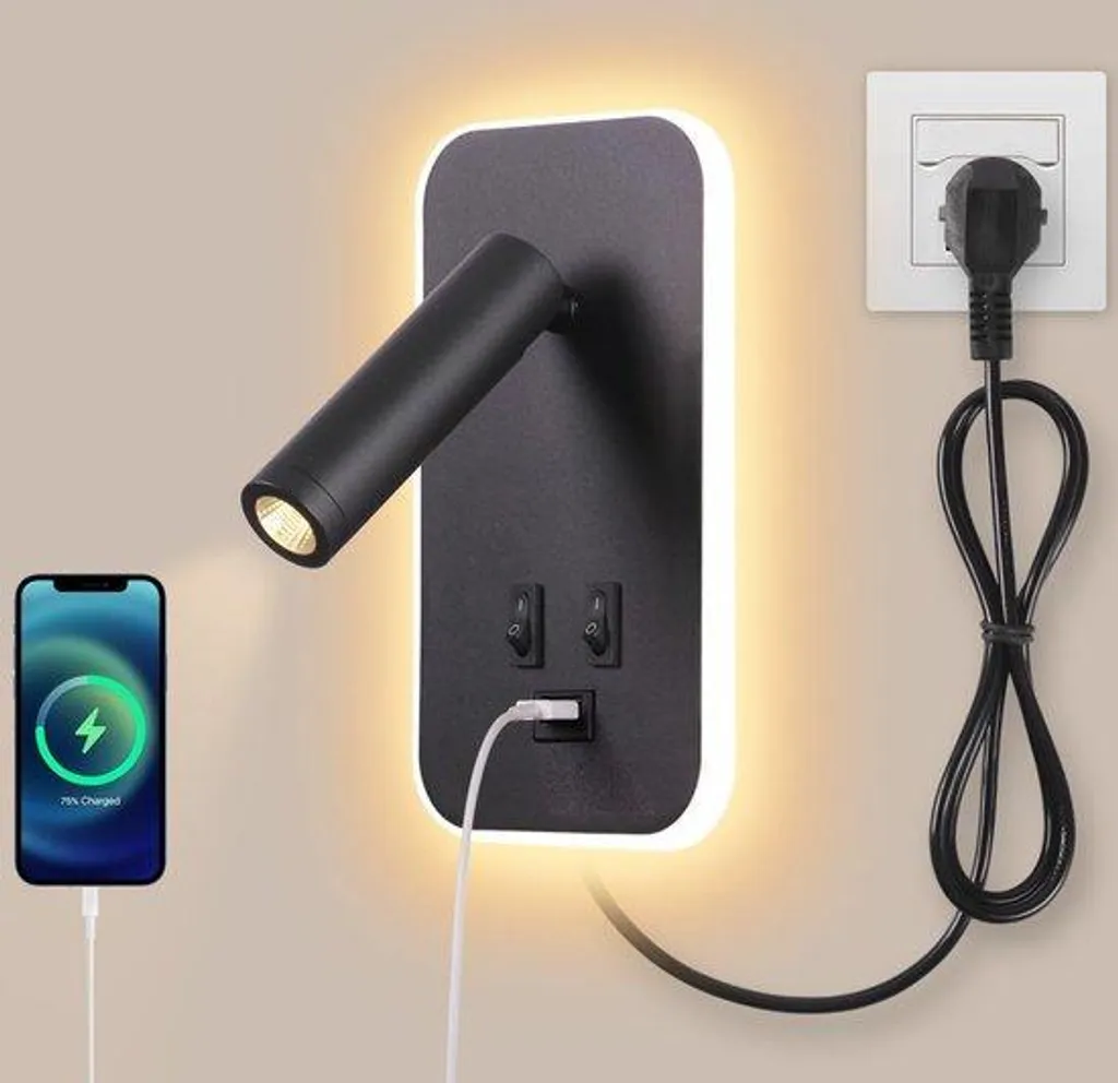 Lampe de chevet LED tactile et port USB de recharge pour sommier noir