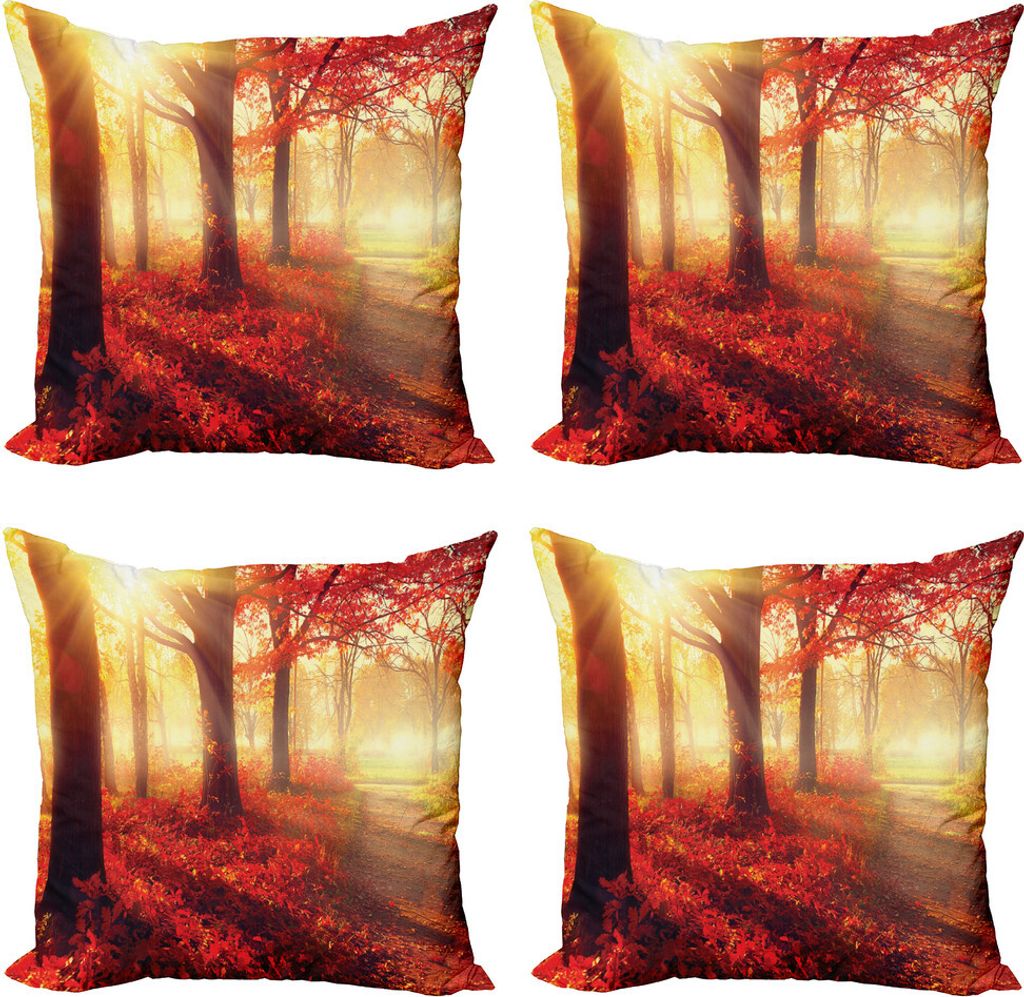 ABAKUHAUS Wald Kissenbezug Set (4 Stück), Nebligen Morgen im Wald, Moderner Doppelseitiger Digitaldruck, 60 cm x 60 cm, Gelb Rot