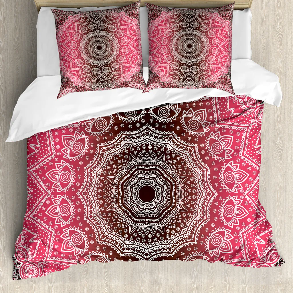 ABAKUHAUS Copripiumino Mandala, Retro Bohemian Ombre, antiacaro, adatto a chi soffre di allergie, con federe, 155 cm x 220 cm - 80 x 80 cm, rosa e marrone