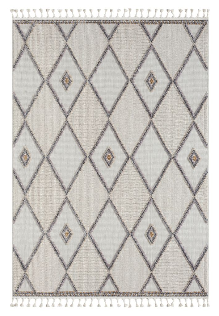 MY-RUG Teppich, Lina 2, 200x140, Weiß Grau, Kurzflorteppich, moderne Hoch-Tief-Struktur, Boho-Stil, mit Fransen, Rechteckig