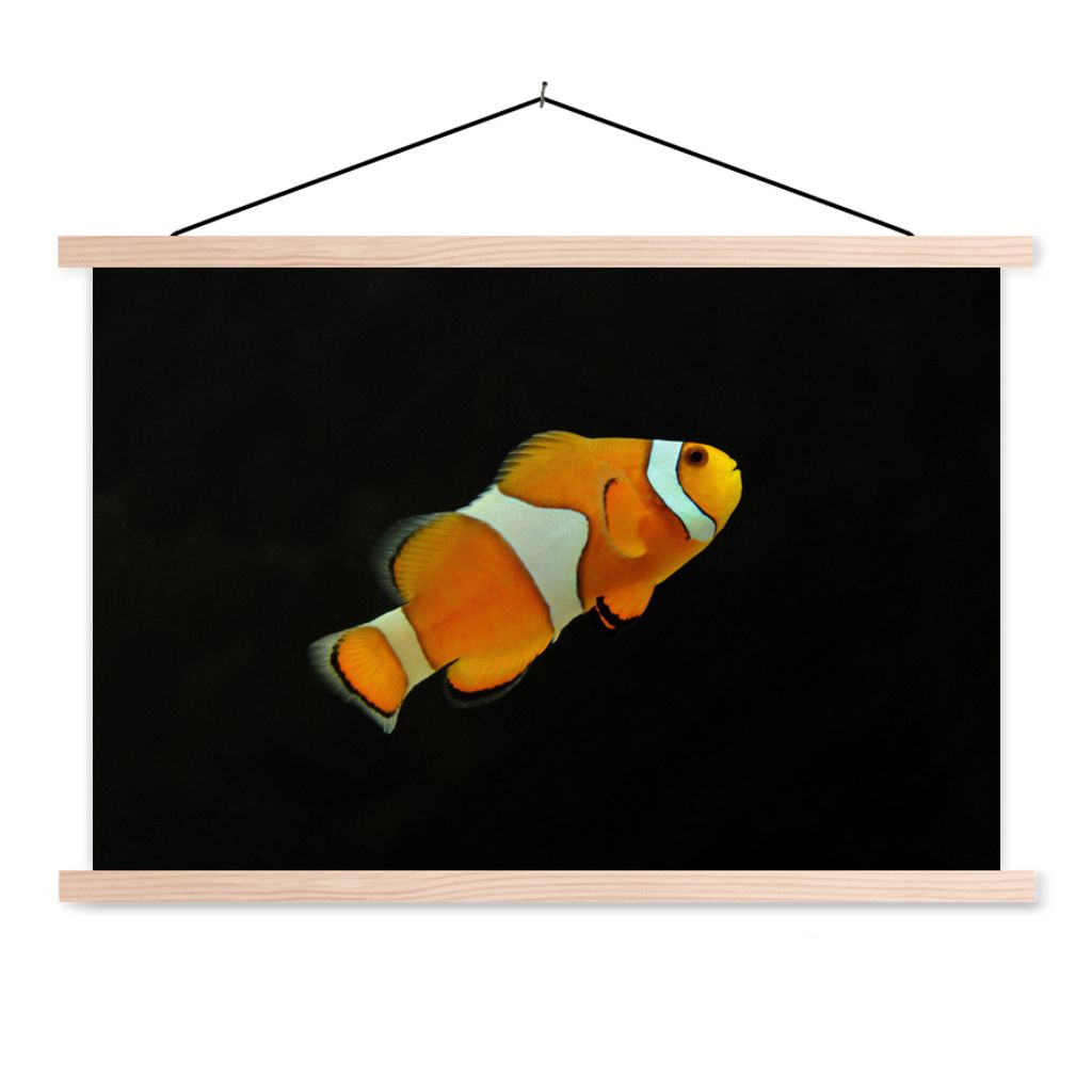 MuchoWow Textilposter Fisch - Linie - Schwarz 120x80 cm mit holzfarbenen Rahmen - Aufhängeset