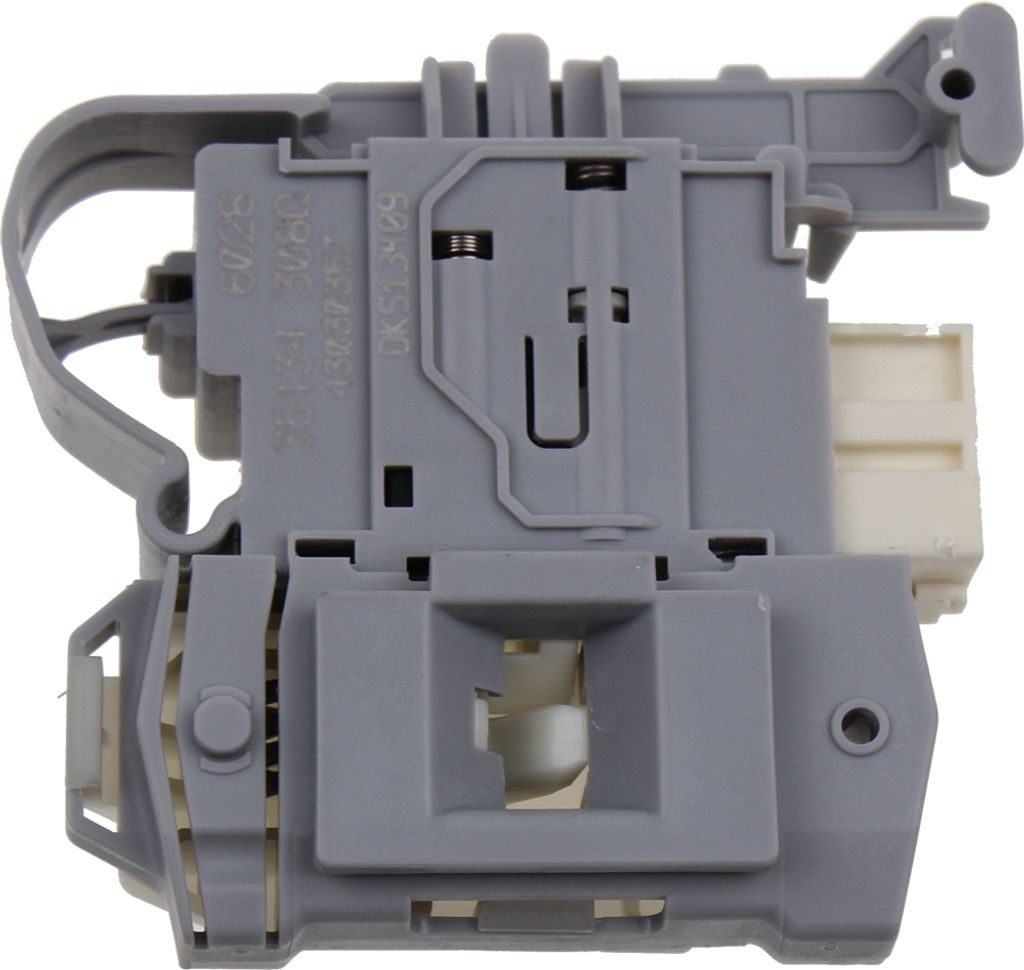 A close-up, studio shot of a washing machine door lock mechanism.