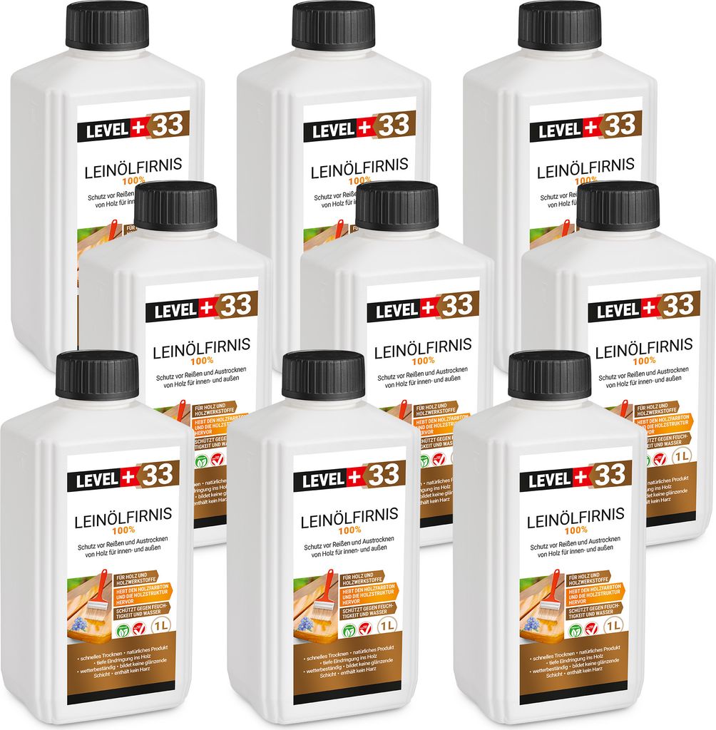 Leinöl Firnis 9x 1 Liter, Holzschutz, Doppelt Gekocht, Holzpflege, Holzöl, Schnelle Trocknung, Natürlicher Holzschutz, Harzfrei RM33