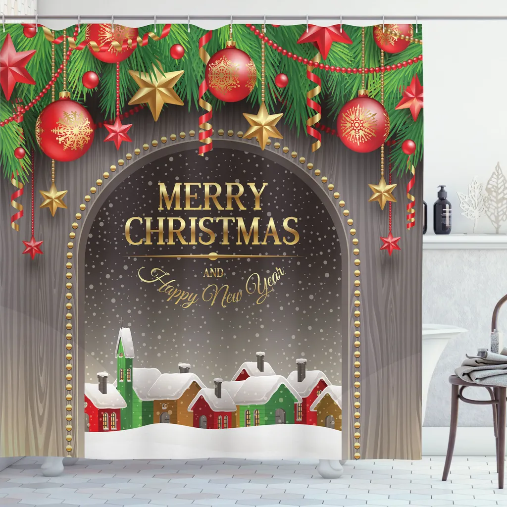 LB Tenda Doccia Natale 150x180 Cm – Fenicottero Rosa E Albero Di Natale – Foresta Innevata – Impermeabile Antimuffa Poliestere Con Ganci