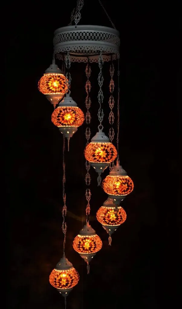 Suspension 7 Boules Mosaïque Colorée - Verre Brun 155cm - Style Oriental