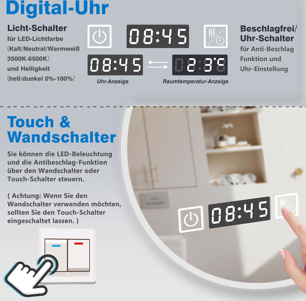 Runder LED Badspiegel 70cm mit Kosmetikspiegel 3-Fach Produktbild 5