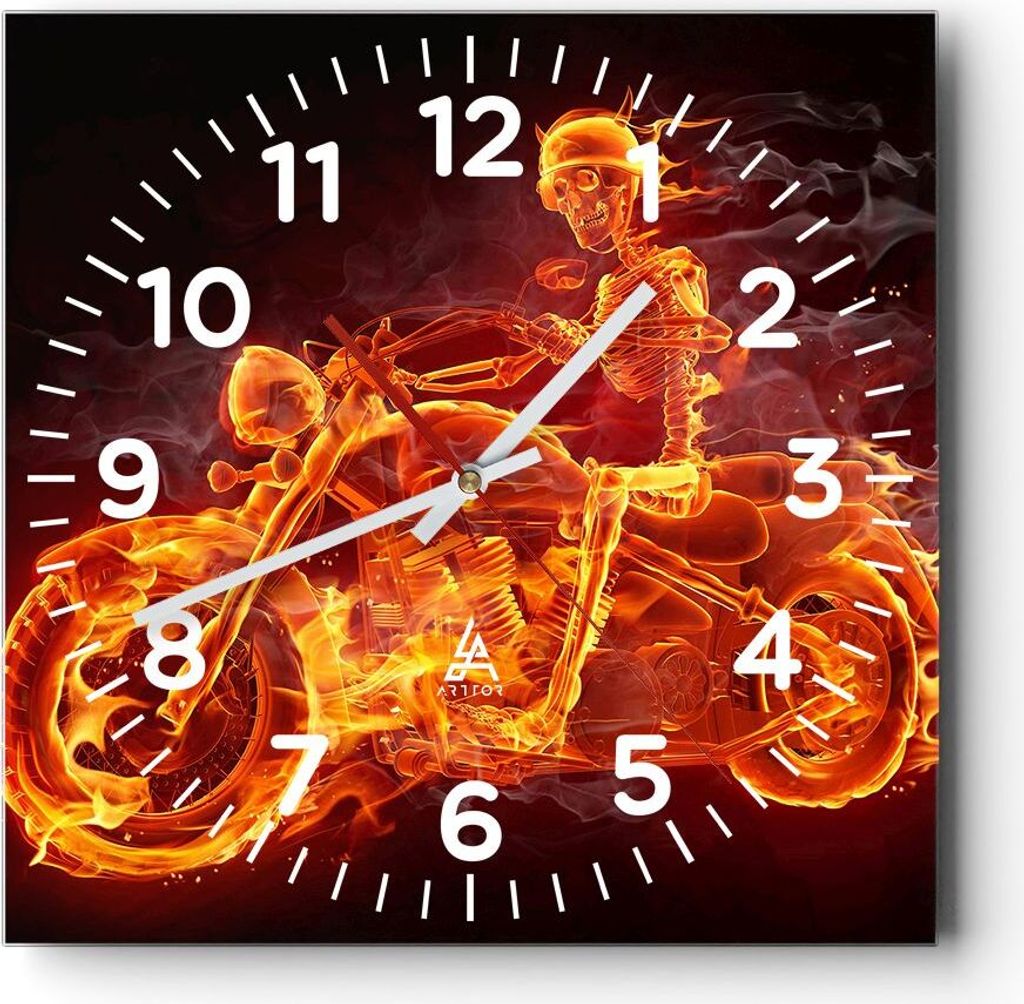 Wanduhr - Quadrat - Glasuhr - Motorrad Flammen Skelett - 40x40cm - Schleichendes Uhrwerk - Lautlos - zum Aufhängen bereit - Dekoration Modern - Wa...