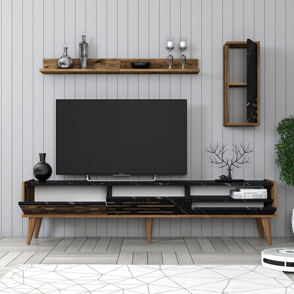 Skye Decor, Valensiya - Walnut, Black, Marble, TV-Einheit, Nussbaum, 100 % MELAMINBESCHICHTETE SPANPLATTEN, 180 x 45 x 35 cm