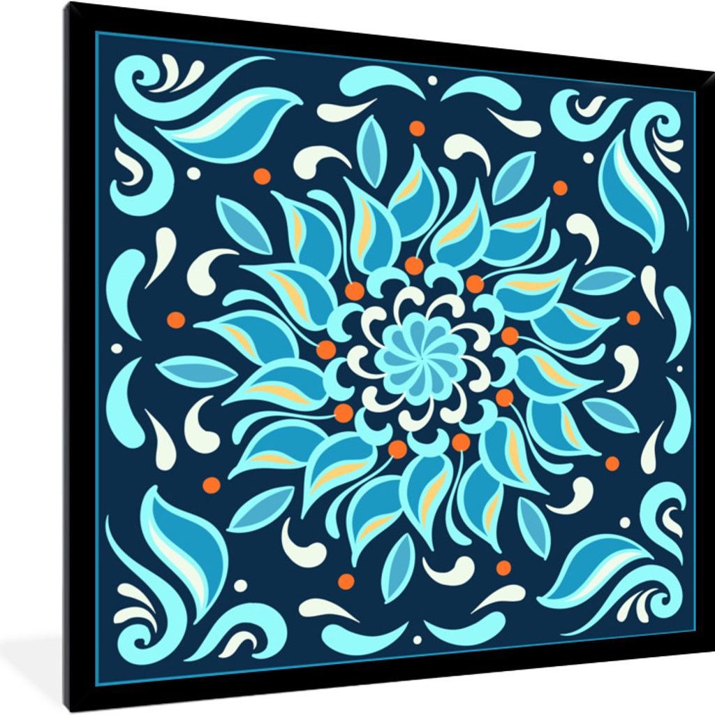 MuchoWow Gerahmtes Poster Blume - Blau - Quadratisch - Muster 40x40 cm - Poster mit Schwarzem Bilderrahmen Wandposter Rahmen Foto Bilder - Mit Ra...