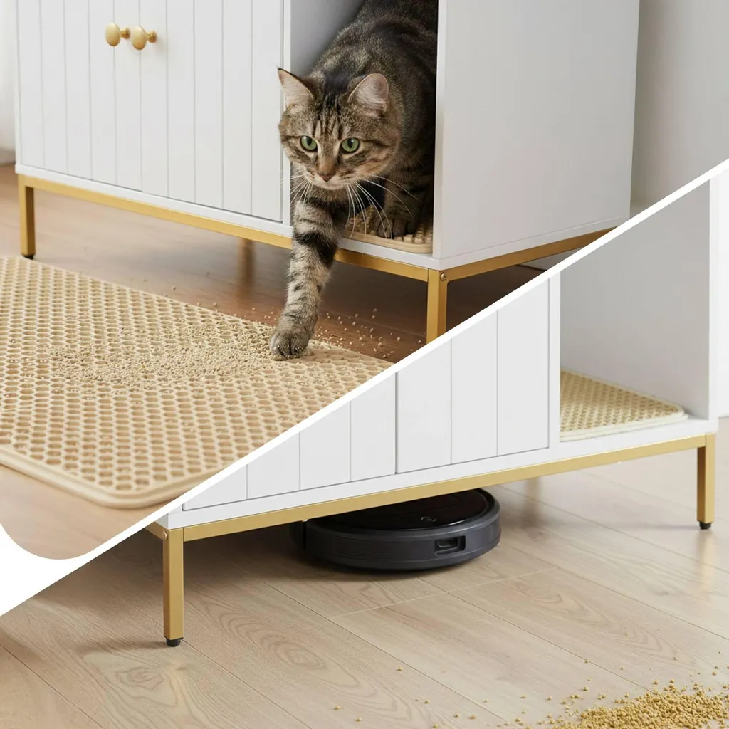 Meuble litière chat avec structure métal robuste et double porte battante