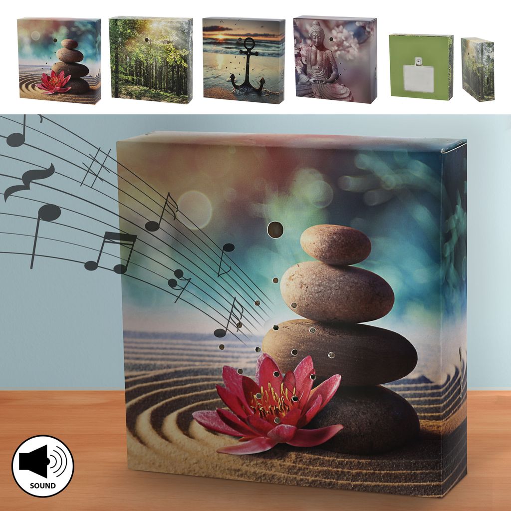 Soundbox 4er Set Bewegungsmelder 4 Sounds 12x12x3,5cm Pappe Kunststoff batteriebetrieben Wellenrauschen Möwengesang Meditationssounds