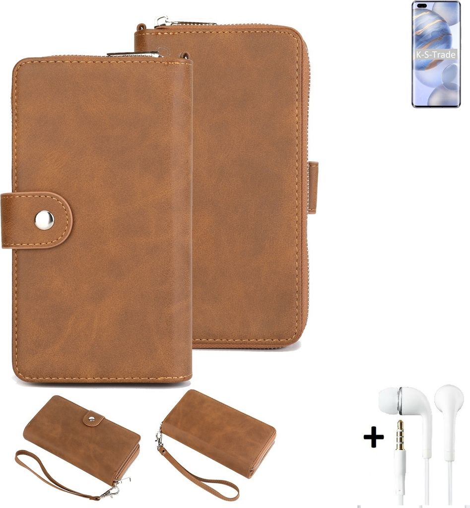 K-S-Trade Handy Schutz Hülle kompatibel mit Huawei Honor 30 Pro+ + Kopfhörer Portemonnee Tasche Wallet-Case Bookstyle-Etui braun (1x)