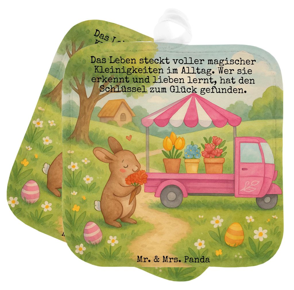 Mr. & Mrs. Panda Topfuntersetzer Osterhase Blumenwagen Design - Weiß - Geschenk, Topflappenset, 2er Set Topflappen, Ofenlappen, Ostern, Tulpen, Bl...