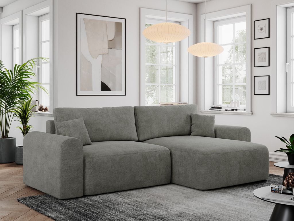 MKS MEBLE Sofa L-Form, Ecksofa mit Schlaffunktion, Wohnlandschaft L-Form mit Kissen, Couch L-Form - Nelson - Grau Struktur