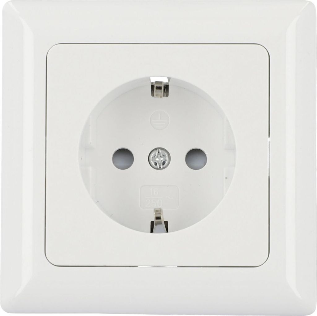 A close-up studio shot of a white electrical outlet.