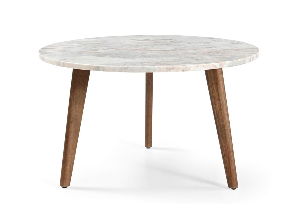 Marmoholz - Modena Couchtisch rund Ø70 cm x H40 cm – grauer Marmortisch mit braunem Massivholzgestell, eleganter Beistelltisch im Classic-Stil