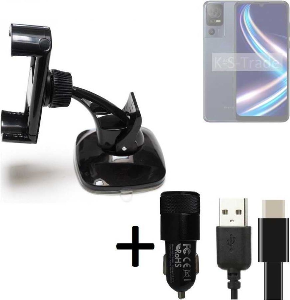 K-S-Trade Handy-Halterung kompatibel mit Sharp Aquos V7 Plus Windschutzscheibe / Armaturenbrett + LADEGERÄT mit Mico USB Kabel Autohalterung