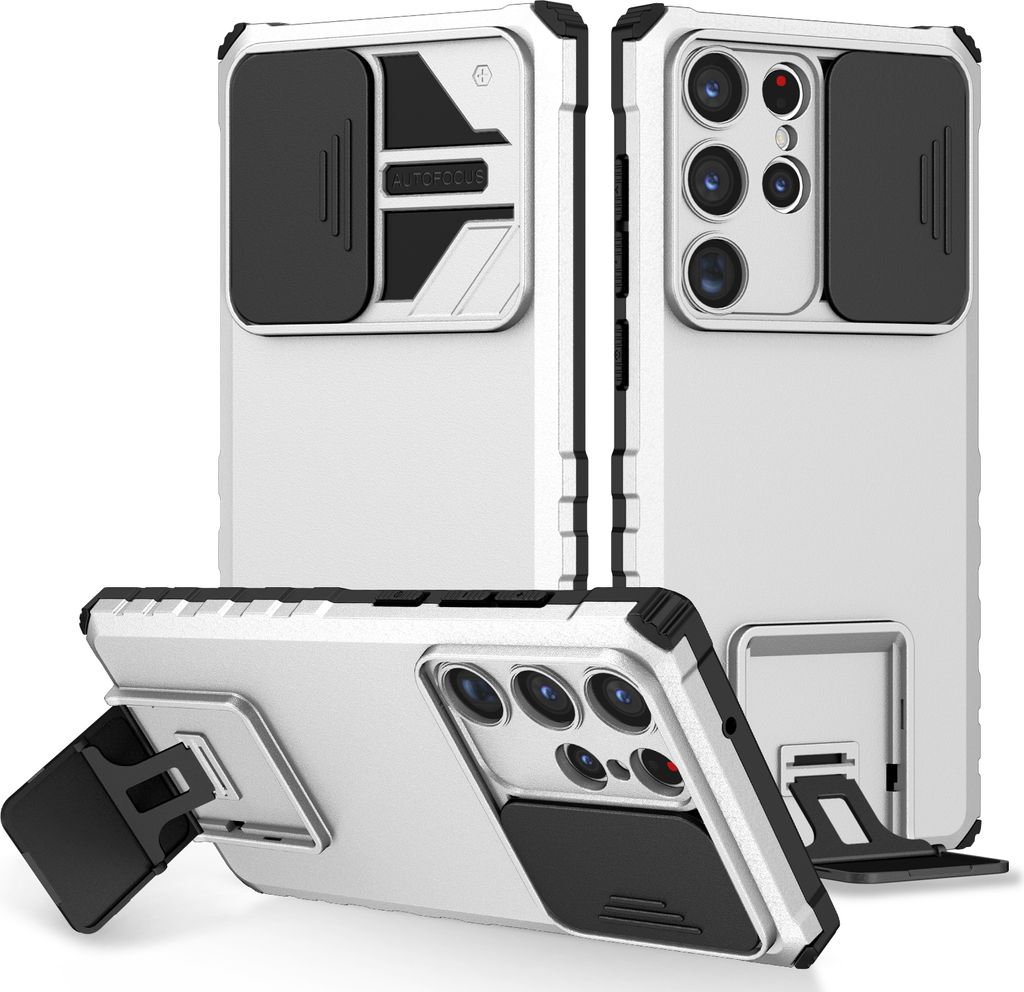 Galaxy S23 Ultra Hülle, Dual Layer Ständer Schutzhülle mit Schiebe Kamera Schutz für Samsung Galaxy S23 Ultra Weiß