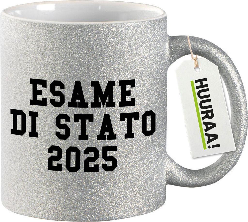 Huuraa Glitzertasse Esame di Stato 2025 Abschluss Italien 330ml Silber Keramik Kaffeebecher Geschenkidee