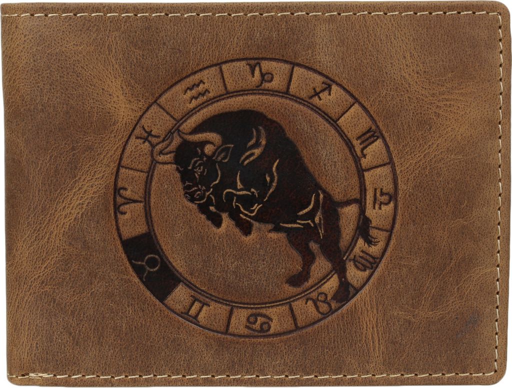Greenburry Geldbörse Herren Leder braun antik Vintage mit Sternzeichen Motiv STIER Prägung Portemonnaie 12,5 x 9,5cm
