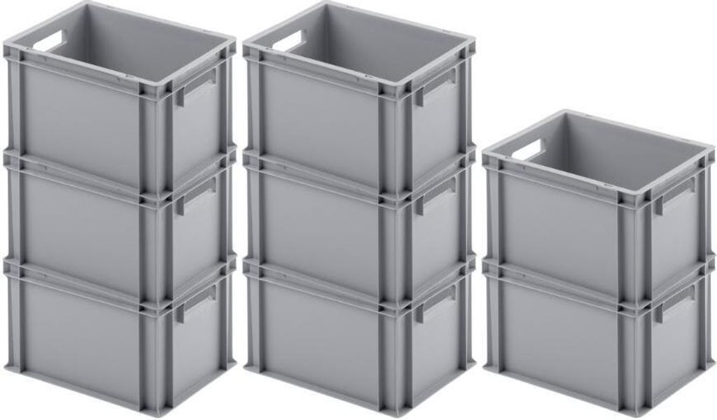 SuperSparSet 8x Eurobehälter mit offenem Griff | HxBxT 23,5x30x40cm | 22 Liter | Grau | Eurobox, Transportbox, Transportbehälter, Stapelbehälter