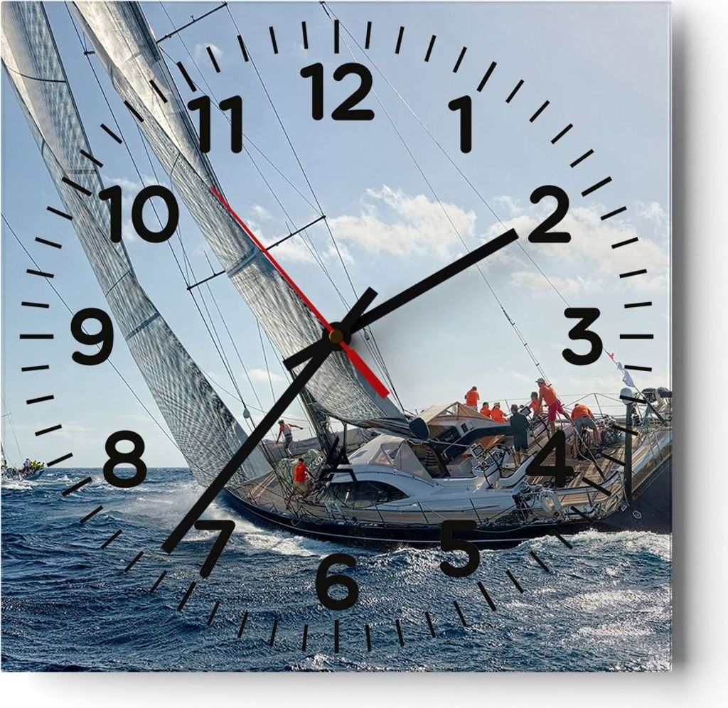 Wanduhr - Quadrat - Glasuhr - Segelschiff Meer - 30x30cm - Schleichendes Uhrwerk - Lautlos - zum Aufhängen bereit - Dekoration Modern - Wanddekora...