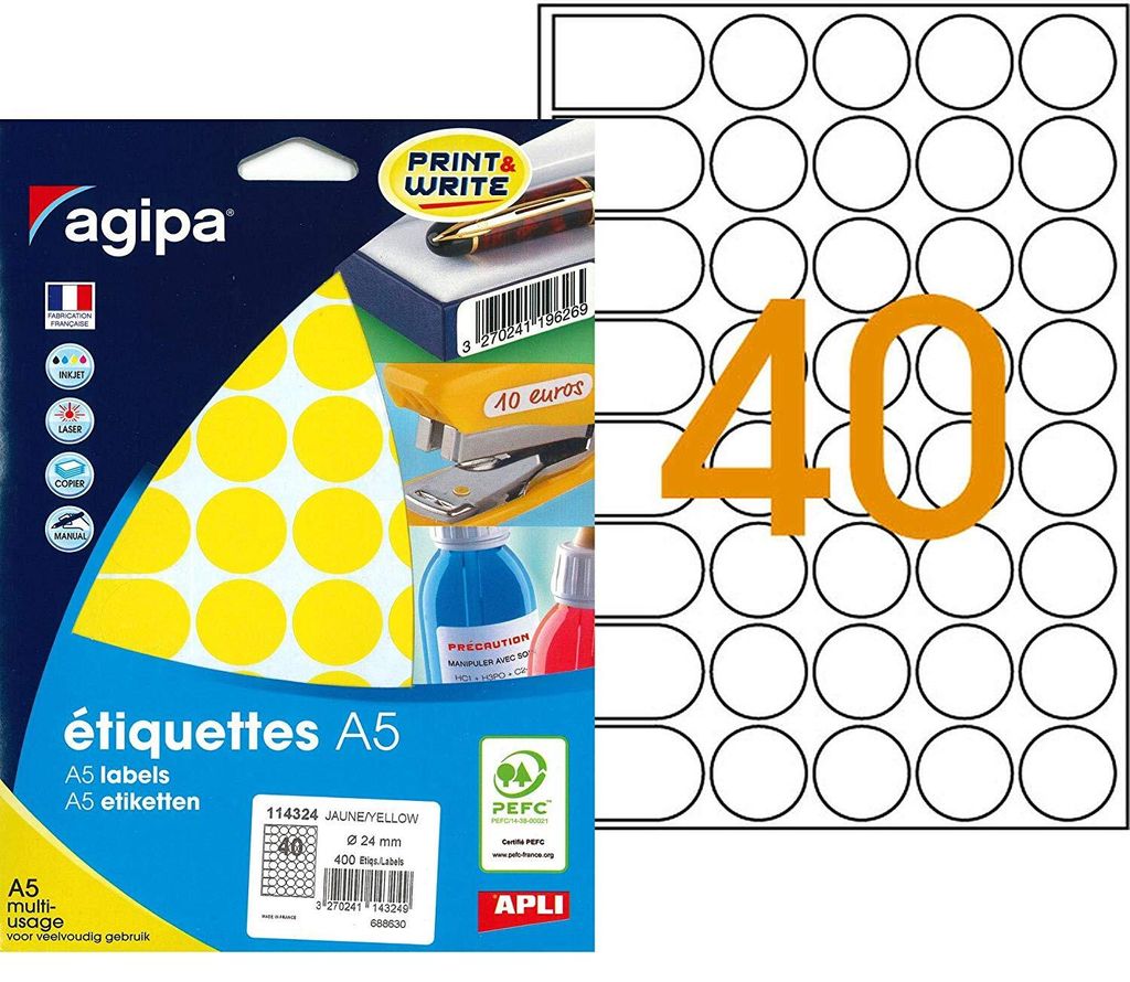 Etikety kruhové 24mm Agipa A5 žlté Produktbild 